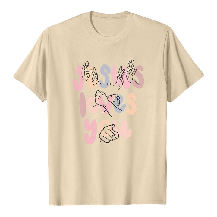 Christianartworkshop Maglietta classica con stampa frontale "Gesù ti ama" e scritta in lettere a bolle, linguaggio dei segni, disegno a mano libera. - Beige - 2XL - image 18