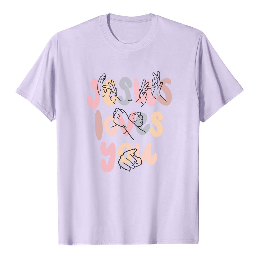 Christianartworkshop Maglietta classica con stampa frontale "Gesù ti ama" e scritta in lettere a bolle, linguaggio dei segni, disegno a mano libera. - Viola - 2XL - image 15