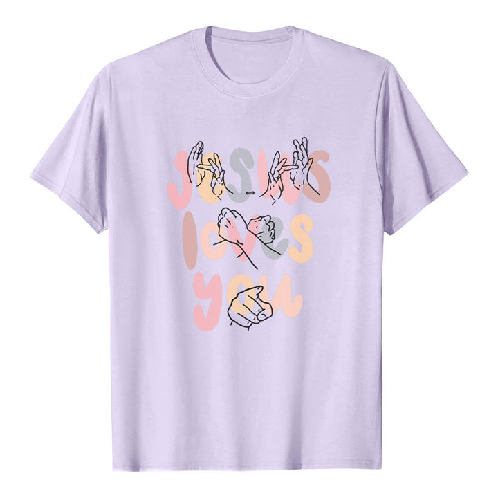 Christianartworkshop Maglietta classica con stampa frontale "Gesù ti ama" e scritta in lettere a bolle, linguaggio dei segni, disegno a mano libera. - Viola - 2XL - image 15