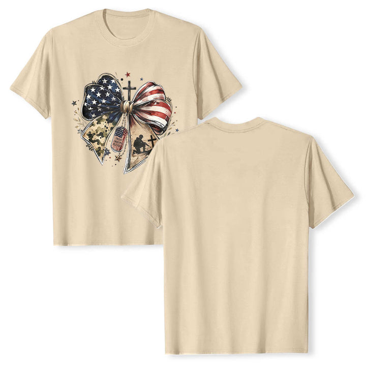 Christianartworkshop T-shirt classica patriottica con stampa frontale a pannelli multipli, fiocco, croce, piastrina militare e stella. - image 13