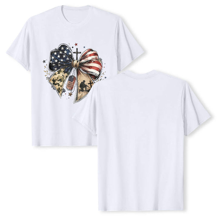 Christianartworkshop T-shirt classica patriottica con stampa frontale a pannelli multipli, fiocco, croce, piastrina militare e stella. - image 3