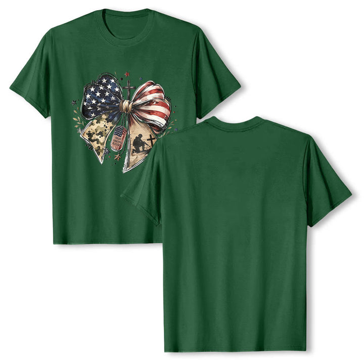 Christianartworkshop T-shirt classica patriottica con stampa frontale a pannelli multipli, fiocco, croce, piastrina militare e stella. - image 5