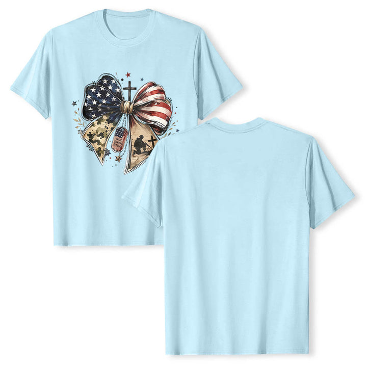 Christianartworkshop T-shirt classica patriottica con stampa frontale a pannelli multipli, fiocco, croce, piastrina militare e stella. - image 9