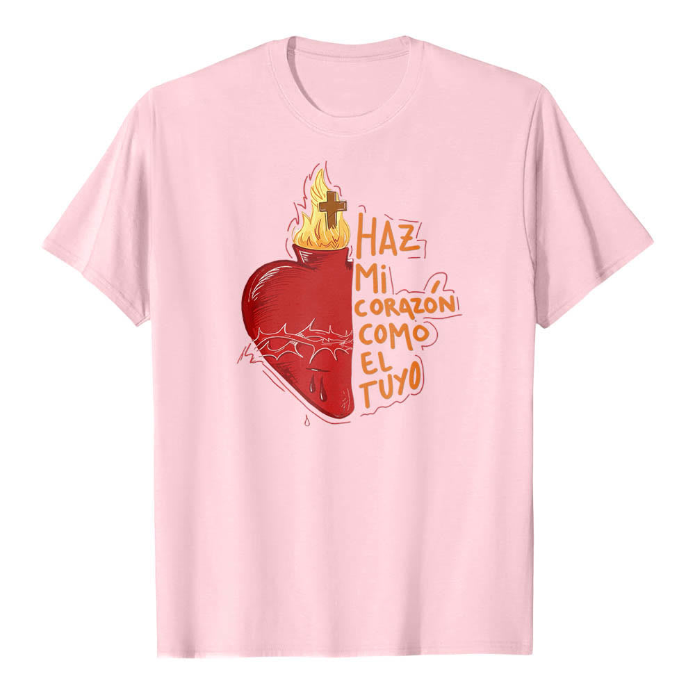 Christianartworkshop Maglietta classica con stampa frontale raffigurante una sacra spina, ferita, fiamma, croce e cuore, con slogan devozionale in spagnolo. - Rosa - 2XL - image 16
