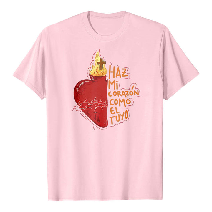 Christianartworkshop Maglietta classica con stampa frontale raffigurante una sacra spina, ferita, fiamma, croce e cuore, con slogan devozionale in spagnolo. - Rosa - 2XL - image 16