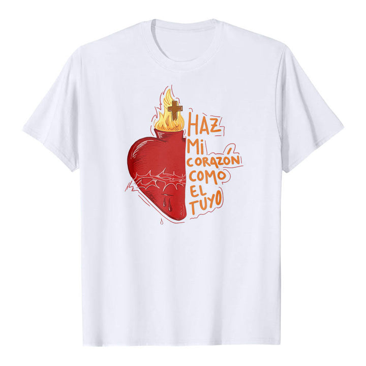 Christianartworkshop Maglietta classica con stampa frontale raffigurante una sacra spina, ferita, fiamma, croce e cuore, con slogan devozionale in spagnolo. - Bianco - 2XL - image 4