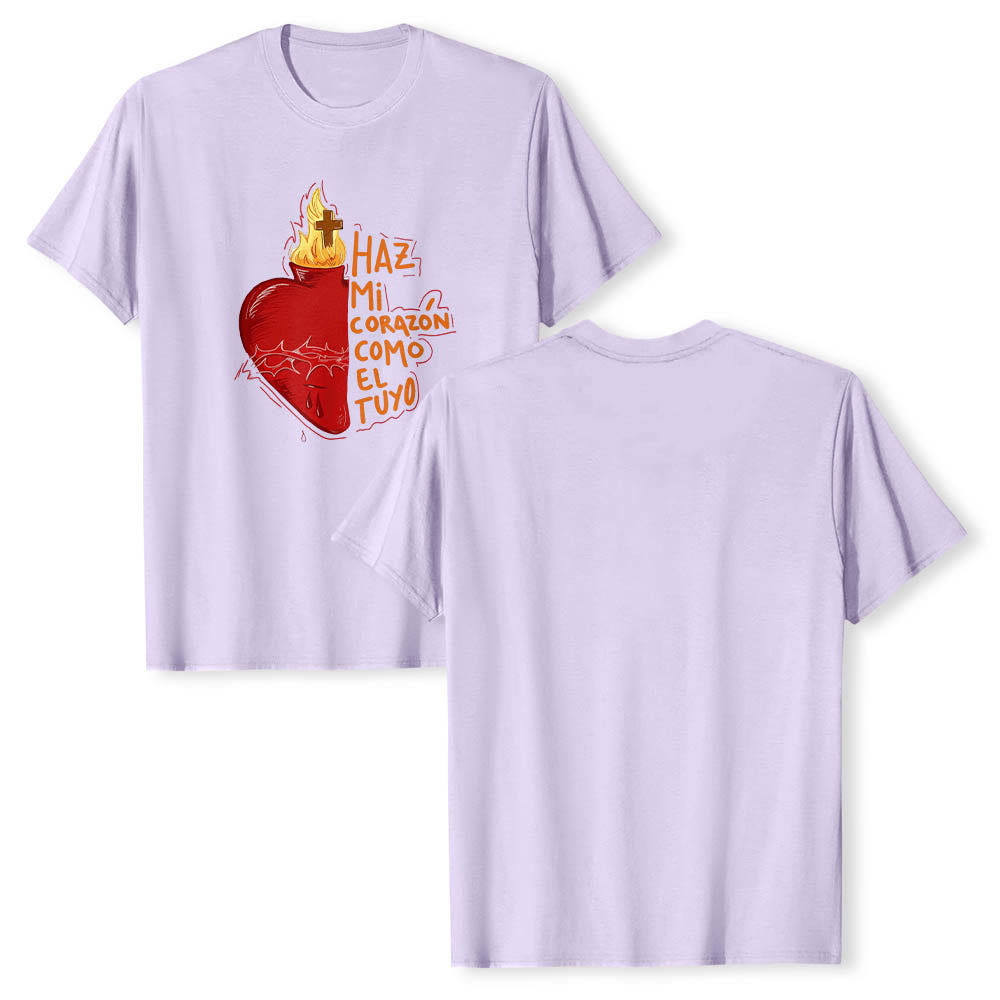 Christianartworkshop Maglietta classica con stampa frontale raffigurante una sacra spina, ferita, fiamma, croce e cuore, con slogan devozionale in spagnolo. - image 13