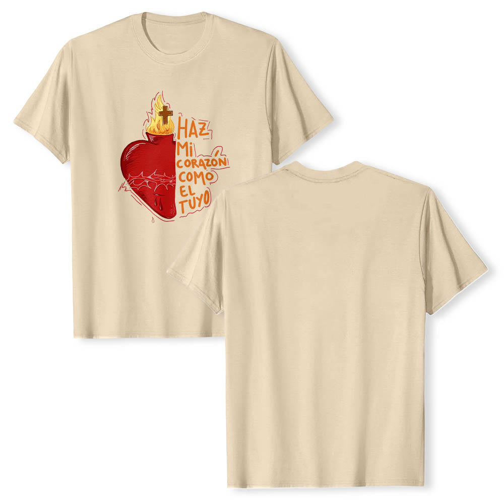 Christianartworkshop Maglietta classica con stampa frontale raffigurante una sacra spina, ferita, fiamma, croce e cuore, con slogan devozionale in spagnolo. - image 1