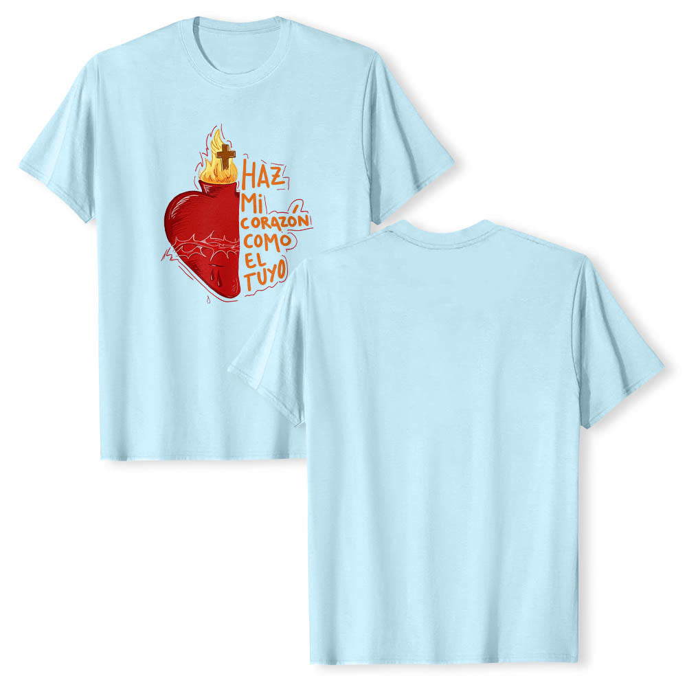 Christianartworkshop Maglietta classica con stampa frontale raffigurante una sacra spina, ferita, fiamma, croce e cuore, con slogan devozionale in spagnolo. - image 11