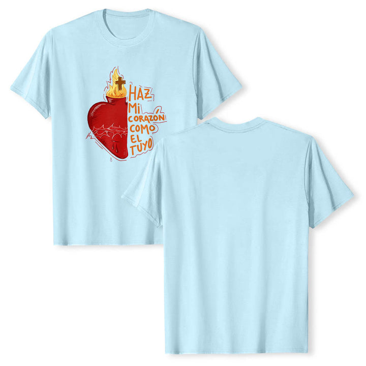 Christianartworkshop Maglietta classica con stampa frontale raffigurante una sacra spina, ferita, fiamma, croce e cuore, con slogan devozionale in spagnolo. - image 11
