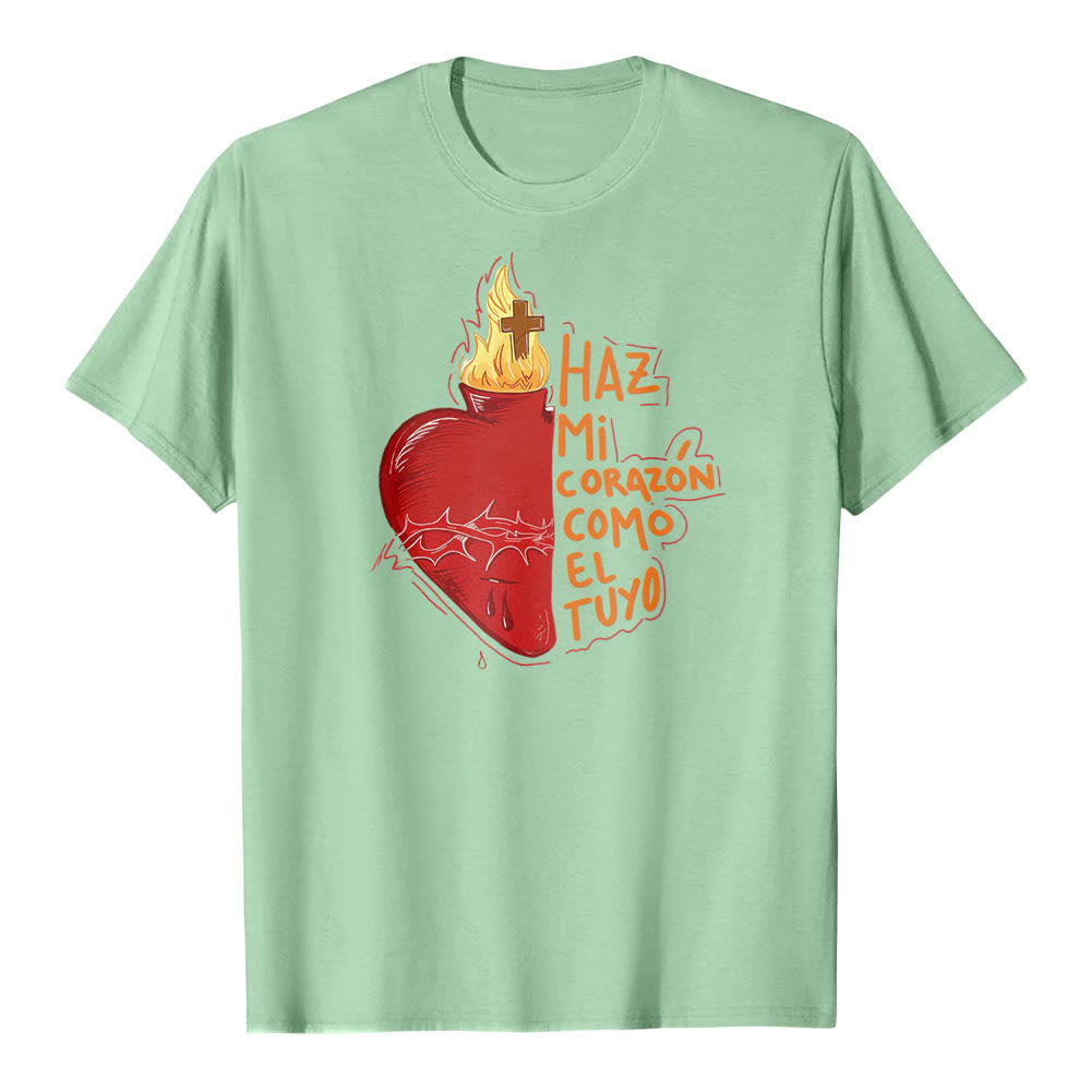 Christianartworkshop Maglietta classica con stampa frontale raffigurante una sacra spina, ferita, fiamma, croce e cuore, con slogan devozionale in spagnolo. - Verde chiaro - 2XL - image 14