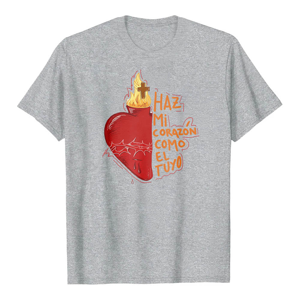 Christianartworkshop Maglietta classica con stampa frontale raffigurante una sacra spina, ferita, fiamma, croce e cuore, con slogan devozionale in spagnolo. - Grigio - 2XL - image 2