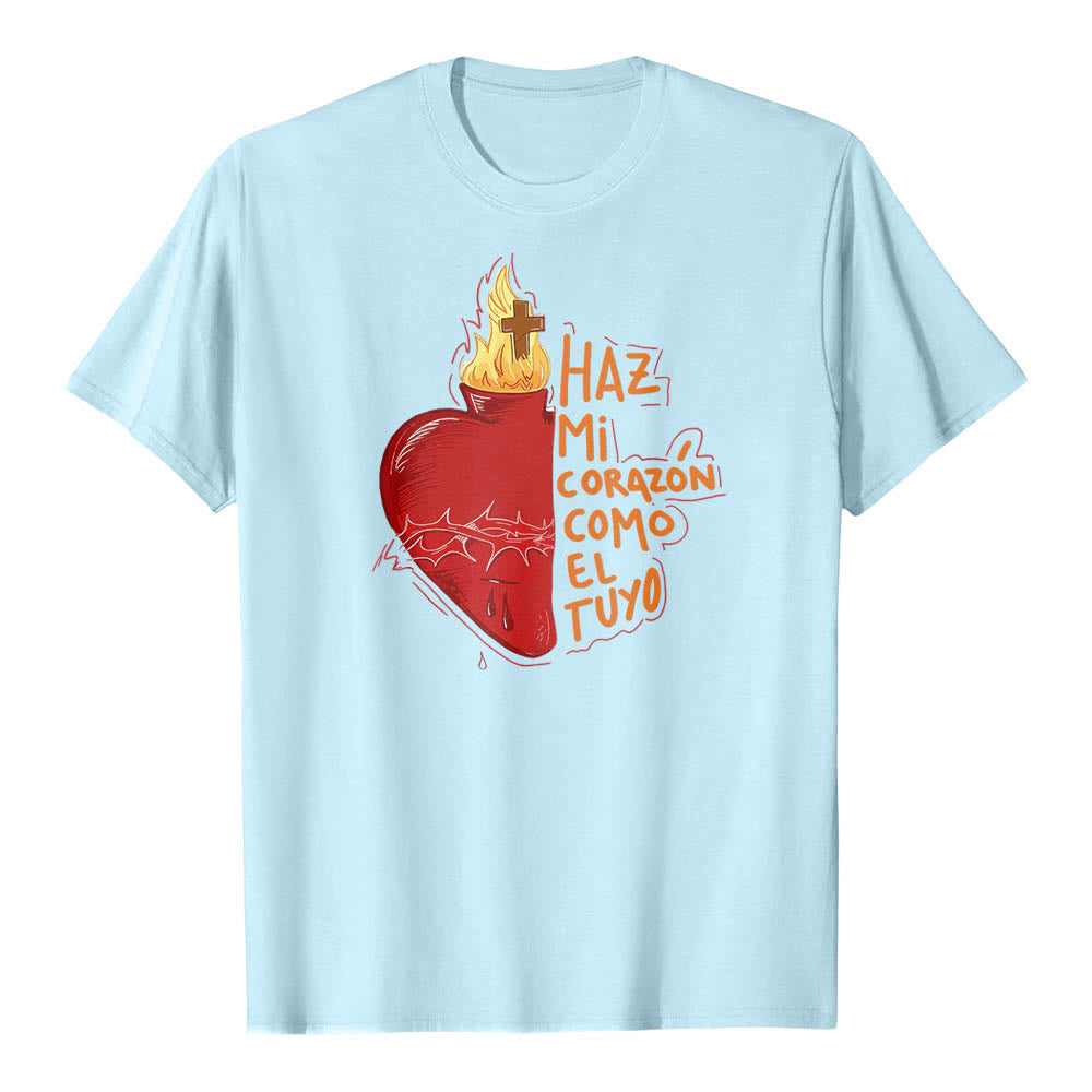 Christianartworkshop Maglietta classica con stampa frontale raffigurante una sacra spina, ferita, fiamma, croce e cuore, con slogan devozionale in spagnolo. - Blu - 2XL - image 10