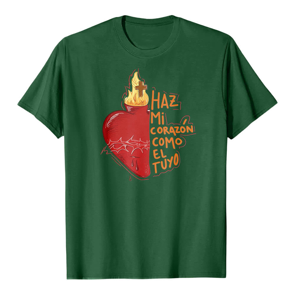 Christianartworkshop Maglietta classica con stampa frontale raffigurante una sacra spina, ferita, fiamma, croce e cuore, con slogan devozionale in spagnolo. - Verde scuro - 2XL - image 6