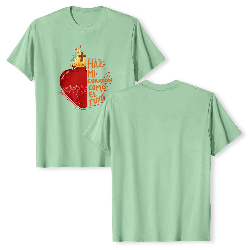 Christianartworkshop Maglietta classica con stampa frontale raffigurante una sacra spina, ferita, fiamma, croce e cuore, con slogan devozionale in spagnolo. - image 15