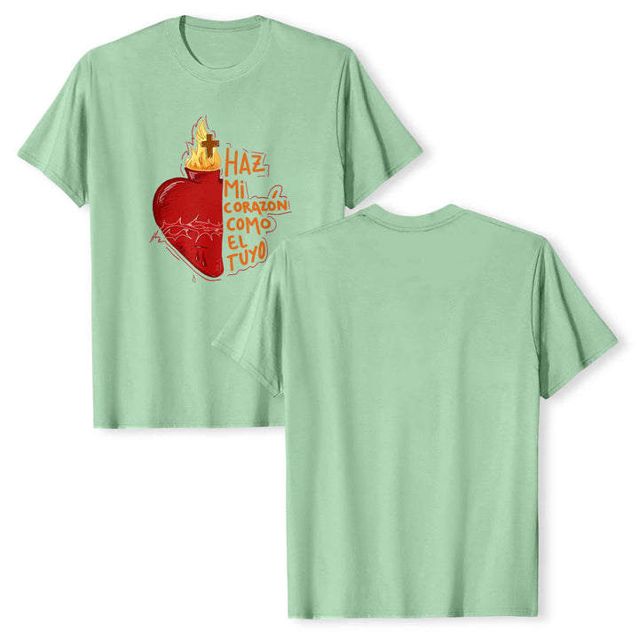 Christianartworkshop Maglietta classica con stampa frontale raffigurante una sacra spina, ferita, fiamma, croce e cuore, con slogan devozionale in spagnolo. - image 15