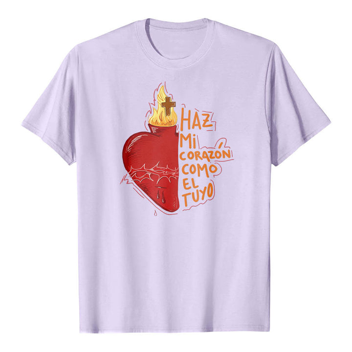 Christianartworkshop Maglietta classica con stampa frontale raffigurante una sacra spina, ferita, fiamma, croce e cuore, con slogan devozionale in spagnolo. - Viola - 2XL - image 12