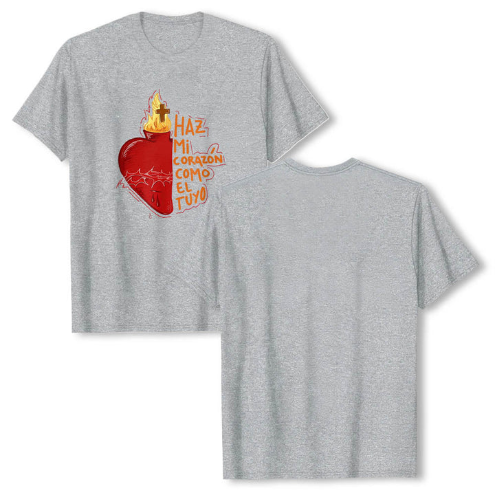 Christianartworkshop Maglietta classica con stampa frontale raffigurante una sacra spina, ferita, fiamma, croce e cuore, con slogan devozionale in spagnolo. - image 3