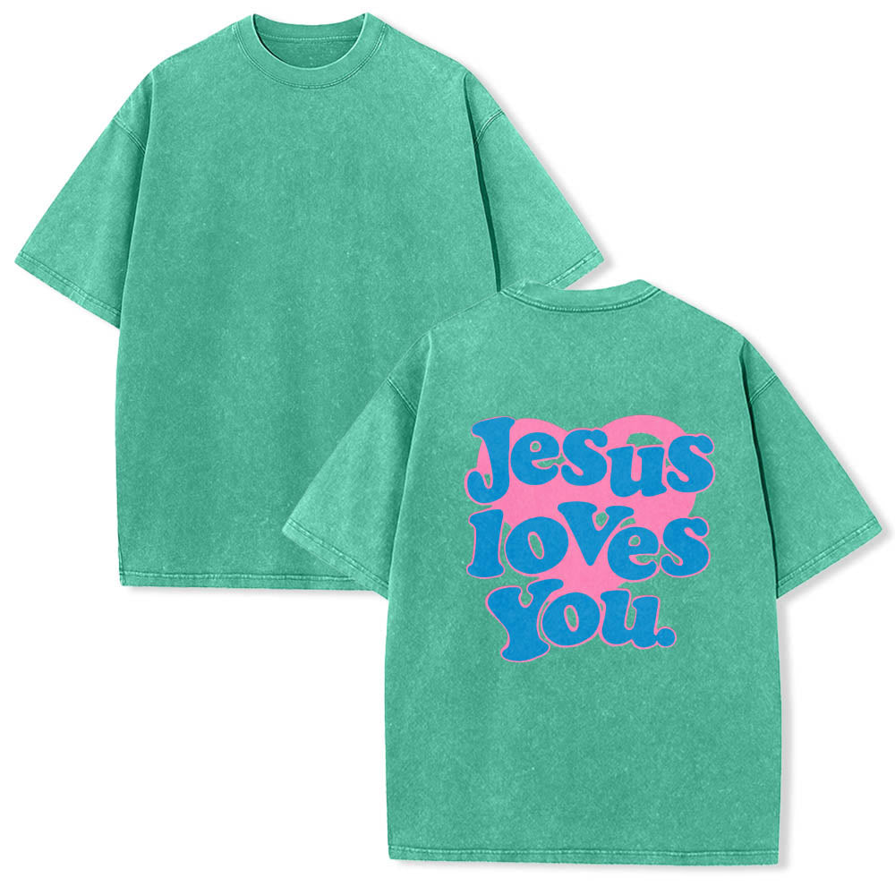 Christianartworkshop Maglietta lavata con stampa "Jesus Loves You" e scritta "Heart Back Bubble Font" (Gesù ti ama) sul retro. - image 11
