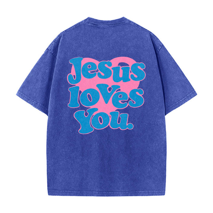 Christianartworkshop Maglietta lavata con stampa "Jesus Loves You" e scritta "Heart Back Bubble Font" (Gesù ti ama) sul retro. - Blu - 5XL - image 6