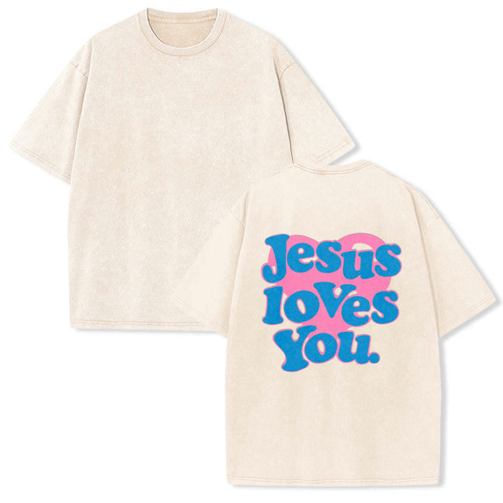 Christianartworkshop Maglietta lavata con stampa "Jesus Loves You" e scritta "Heart Back Bubble Font" (Gesù ti ama) sul retro. - image 1