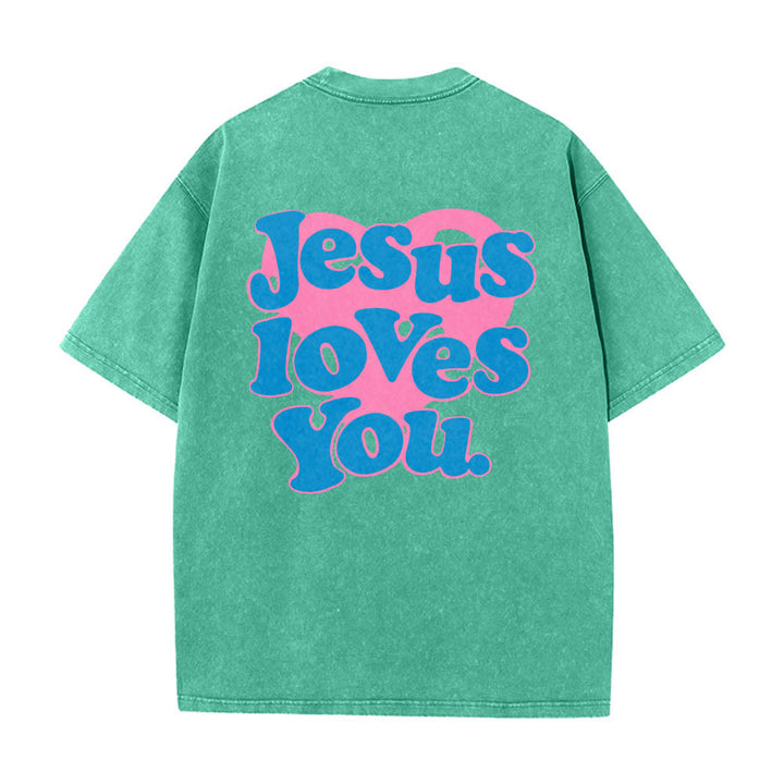 Christianartworkshop Maglietta lavata con stampa "Jesus Loves You" e scritta "Heart Back Bubble Font" (Gesù ti ama) sul retro. - Verde - 5XL - image 10