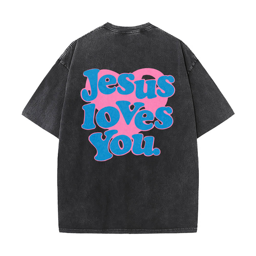Christianartworkshop Maglietta lavata con stampa "Jesus Loves You" e scritta "Heart Back Bubble Font" (Gesù ti ama) sul retro. - Nero - 5XL - image 4