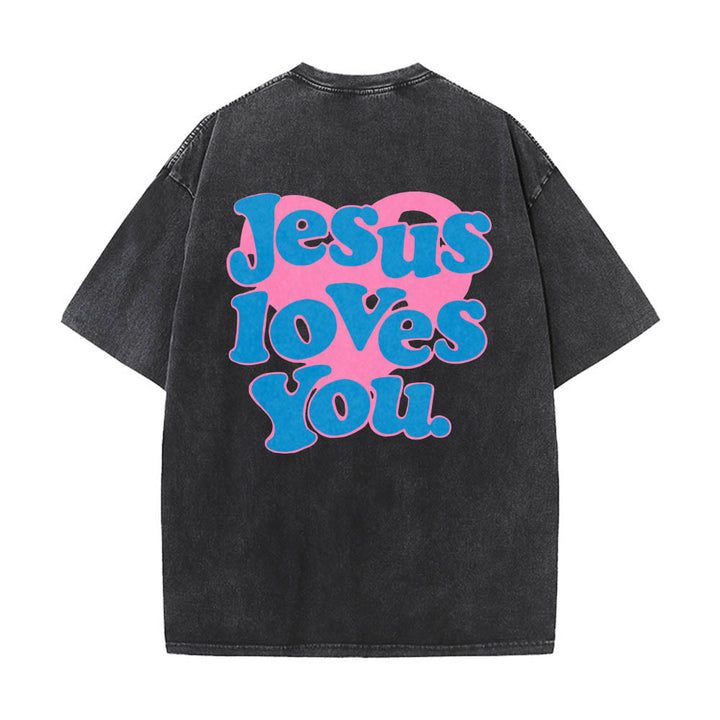 Christianartworkshop Maglietta lavata con stampa "Jesus Loves You" e scritta "Heart Back Bubble Font" (Gesù ti ama) sul retro. - Nero - 5XL - image 4