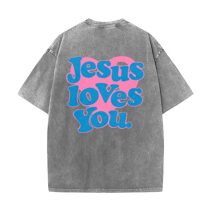 Christianartworkshop Maglietta lavata con stampa "Jesus Loves You" e scritta "Heart Back Bubble Font" (Gesù ti ama) sul retro. - Grigio - 5XL - image 2