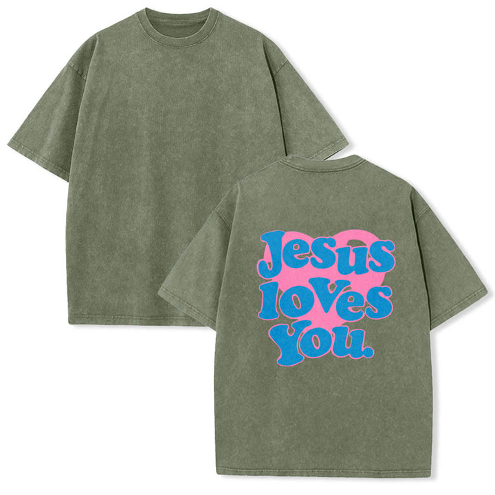Christianartworkshop Maglietta lavata con stampa "Jesus Loves You" e scritta "Heart Back Bubble Font" (Gesù ti ama) sul retro. - image 17
