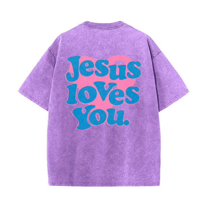 Christianartworkshop Maglietta lavata con stampa "Jesus Loves You" e scritta "Heart Back Bubble Font" (Gesù ti ama) sul retro. - Viola - 5XL - image 12