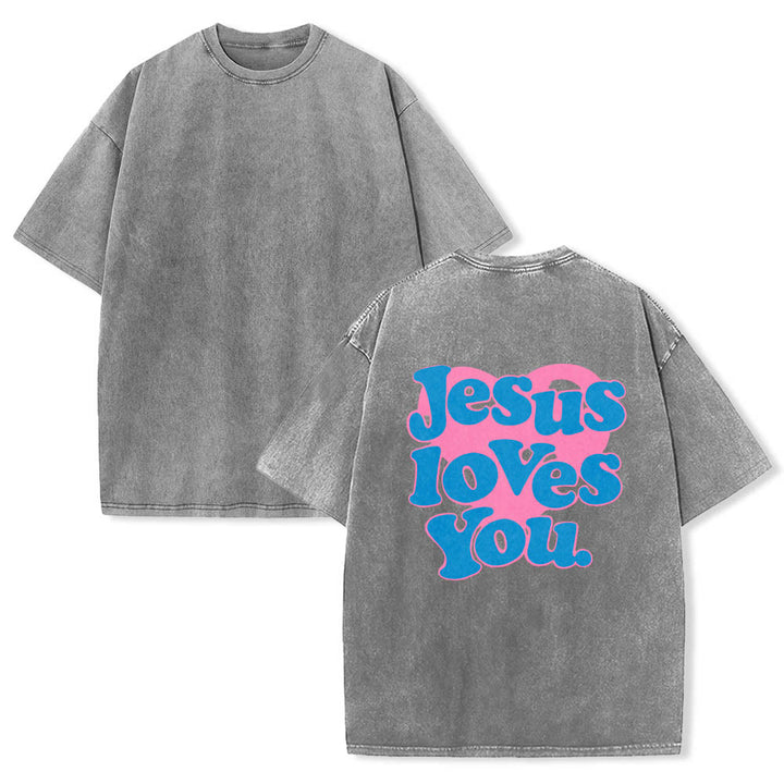 Christianartworkshop Maglietta lavata con stampa "Jesus Loves You" e scritta "Heart Back Bubble Font" (Gesù ti ama) sul retro. - image 3
