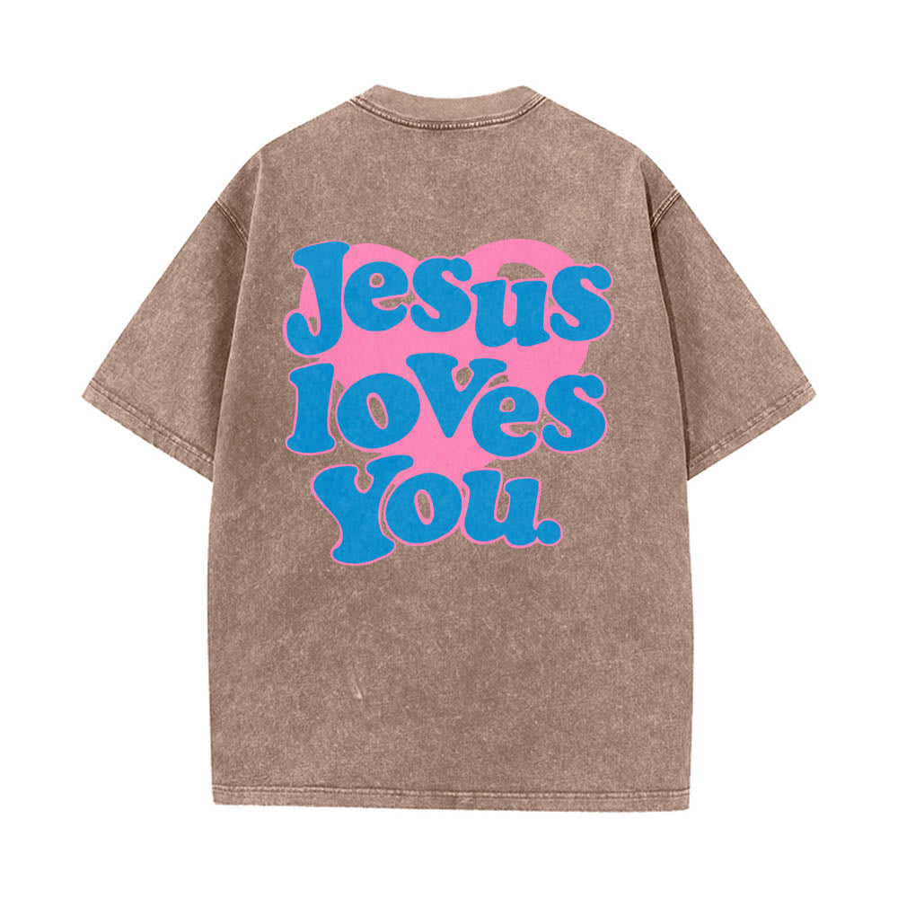 Christianartworkshop Maglietta lavata con stampa "Jesus Loves You" e scritta "Heart Back Bubble Font" (Gesù ti ama) sul retro. - Marrone - 5XL - image 8