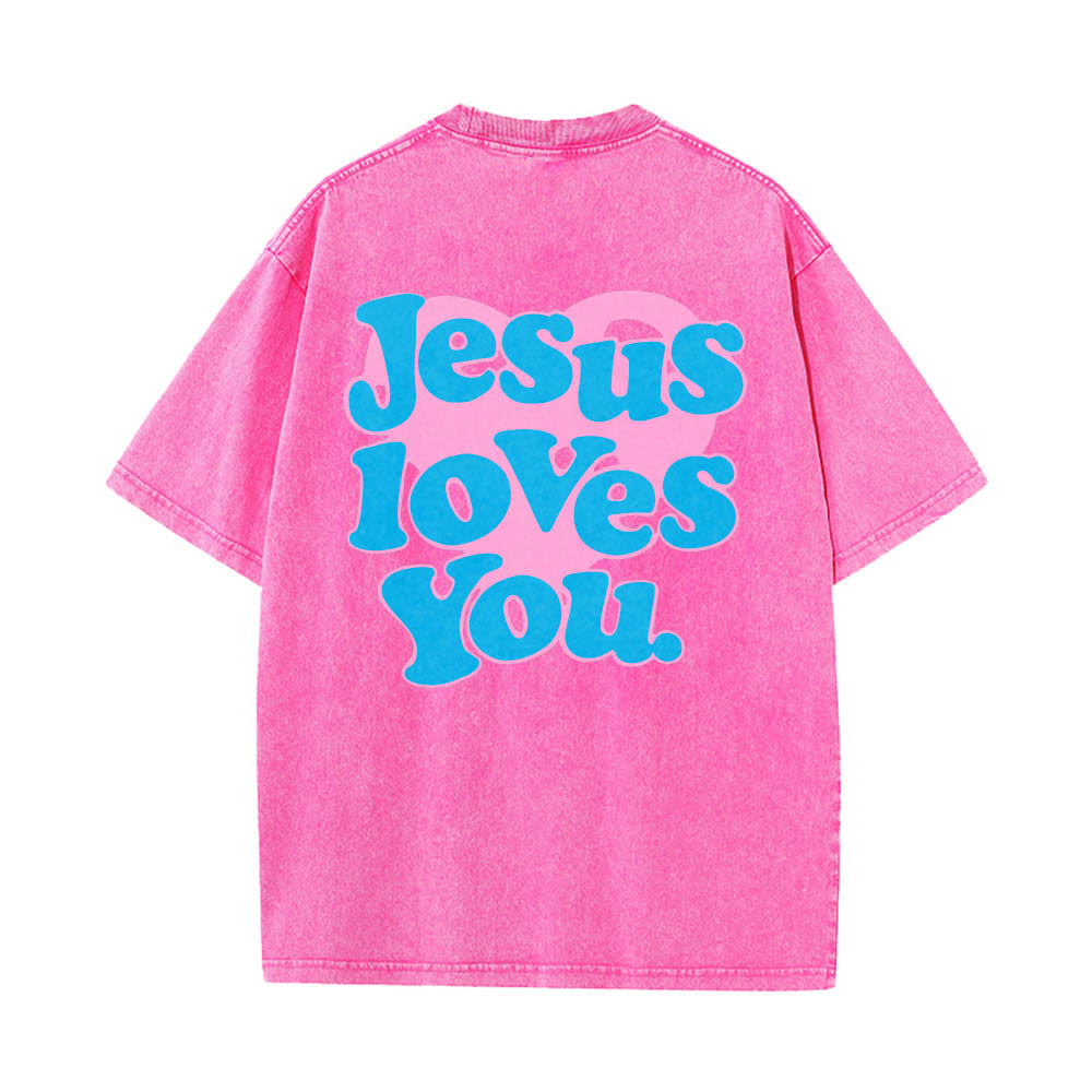 Christianartworkshop Maglietta lavata con stampa "Jesus Loves You" e scritta "Heart Back Bubble Font" (Gesù ti ama) sul retro. - Rosa - 5XL - image 14