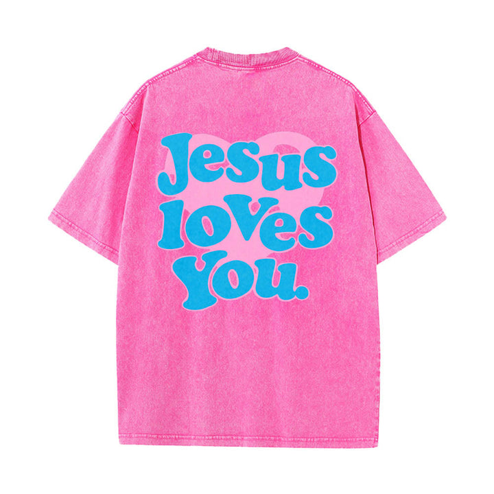 Christianartworkshop Maglietta lavata con stampa "Jesus Loves You" e scritta "Heart Back Bubble Font" (Gesù ti ama) sul retro. - Rosa - 5XL - image 14