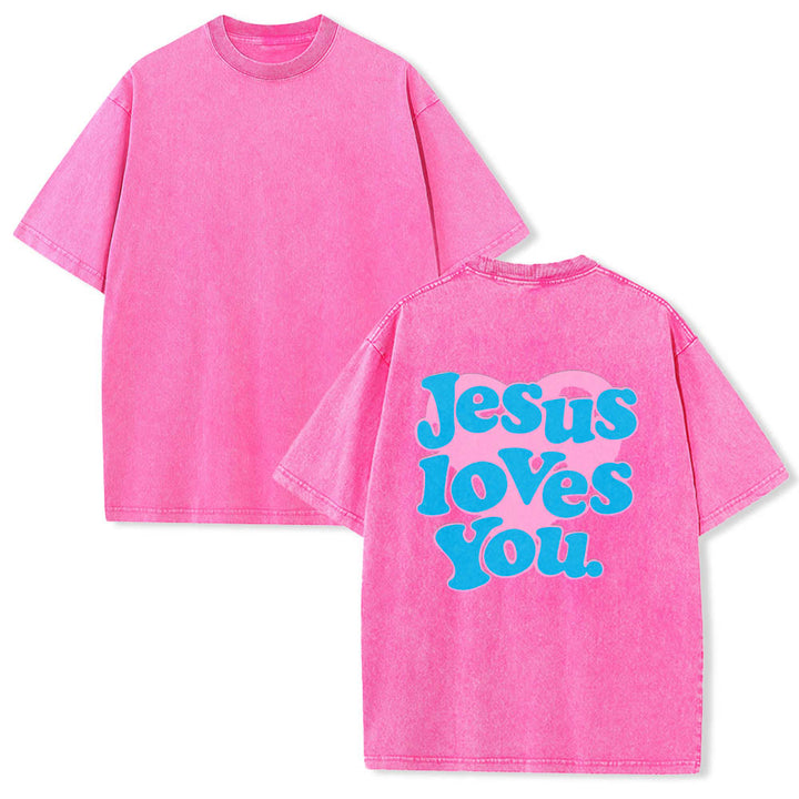 Christianartworkshop Maglietta lavata con stampa "Jesus Loves You" e scritta "Heart Back Bubble Font" (Gesù ti ama) sul retro. - image 15