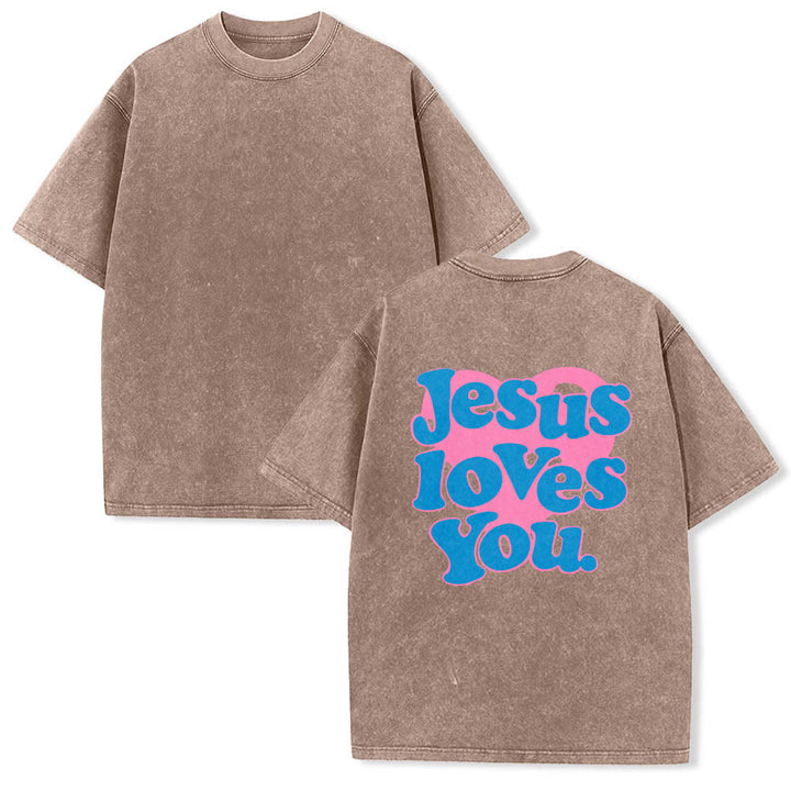 Christianartworkshop Maglietta lavata con stampa "Jesus Loves You" e scritta "Heart Back Bubble Font" (Gesù ti ama) sul retro. - image 9