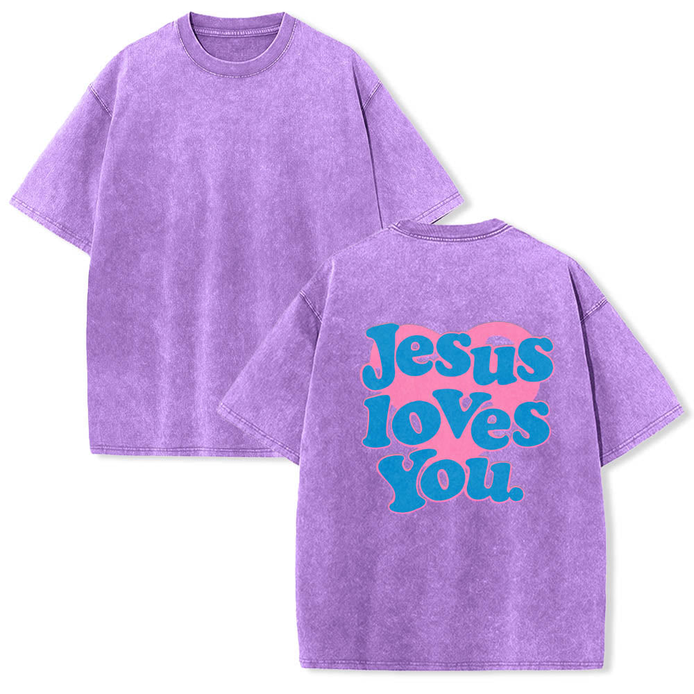 Christianartworkshop Maglietta lavata con stampa "Jesus Loves You" e scritta "Heart Back Bubble Font" (Gesù ti ama) sul retro. - image 13