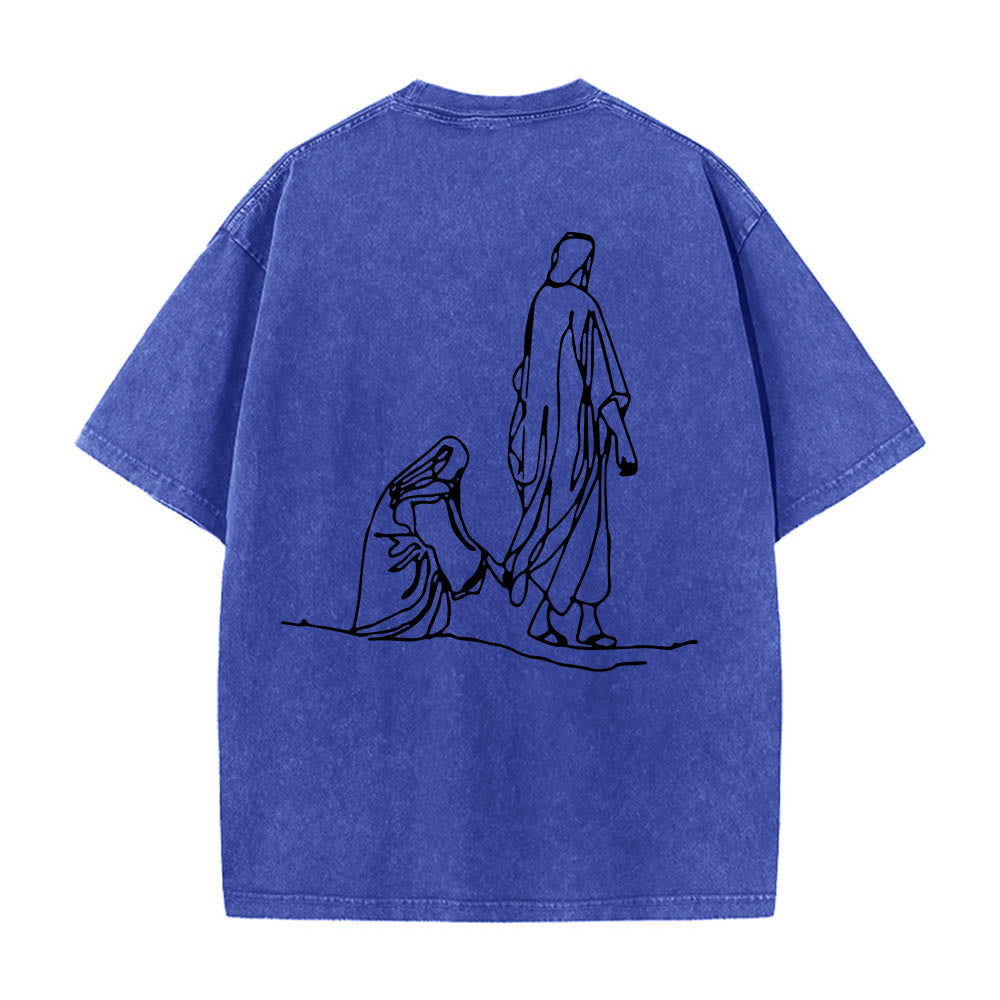 Christianartworkshop Matteo 9:20-22 Citazione sulla fede Donna sanguinante tocca Cristo veste Line Art Stampa posteriore T-shirt lavata - image 14