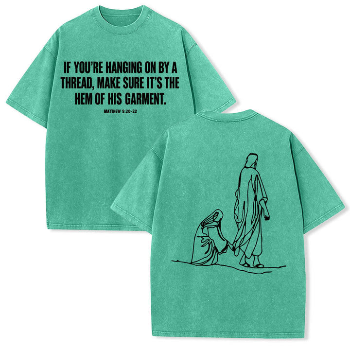 Christianartworkshop Matteo 9:20-22 Citazione sulla fede Donna sanguinante tocca Cristo veste Line Art Stampa posteriore T-shirt lavata - Verde - 5XL - image 15