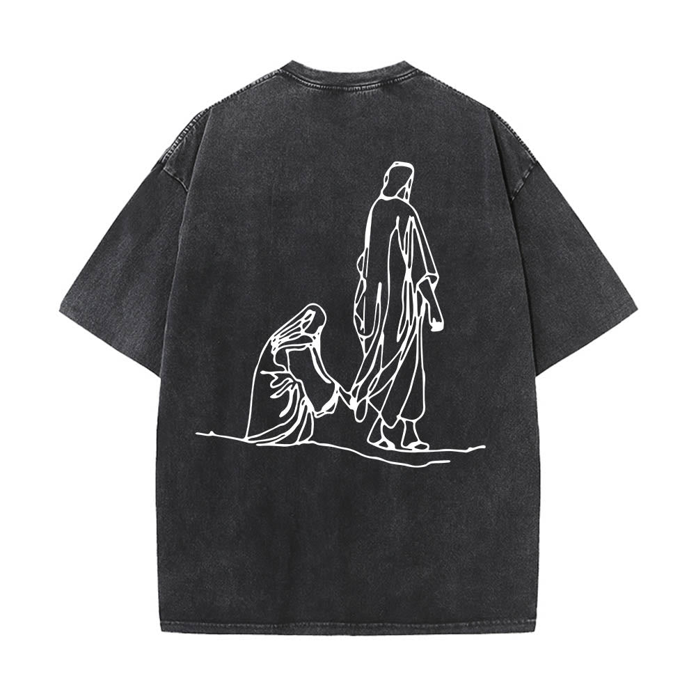 Christianartworkshop Matteo 9:20-22 Citazione sulla fede Donna sanguinante tocca Cristo veste Line Art Stampa posteriore T-shirt lavata - image 11