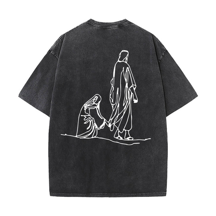 Christianartworkshop Matteo 9:20-22 Citazione sulla fede Donna sanguinante tocca Cristo veste Line Art Stampa posteriore T-shirt lavata - image 11