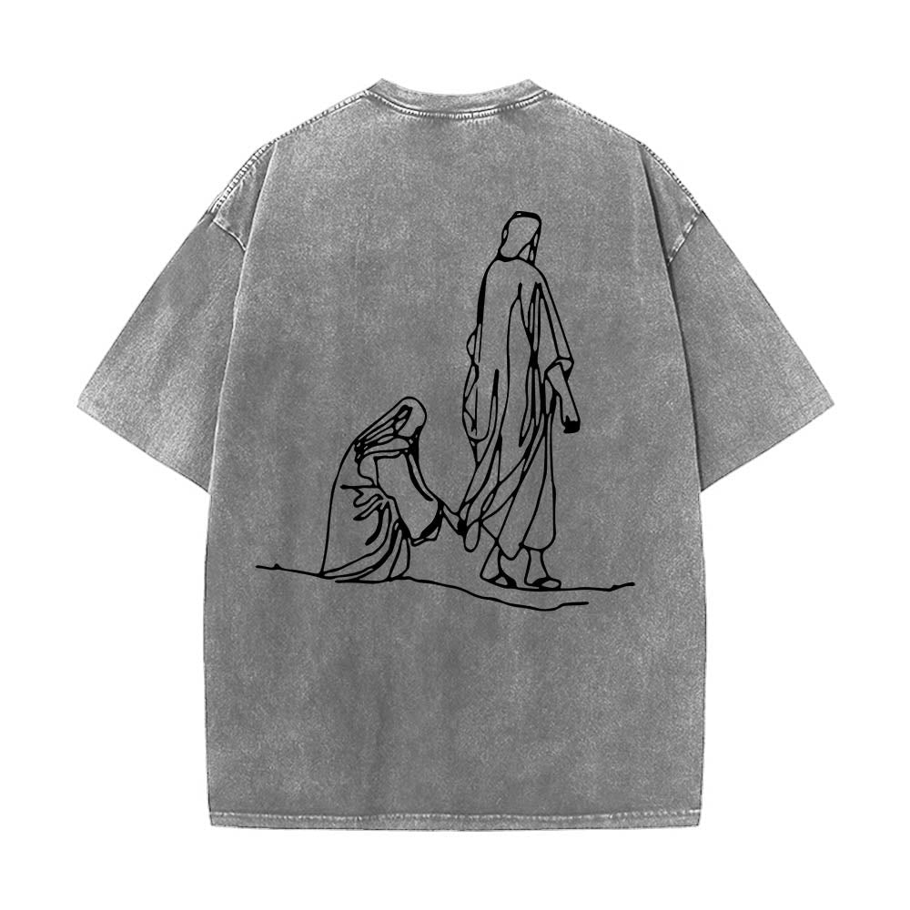 Christianartworkshop Matteo 9:20-22 Citazione sulla fede Donna sanguinante tocca Cristo veste Line Art Stampa posteriore T-shirt lavata - image 8