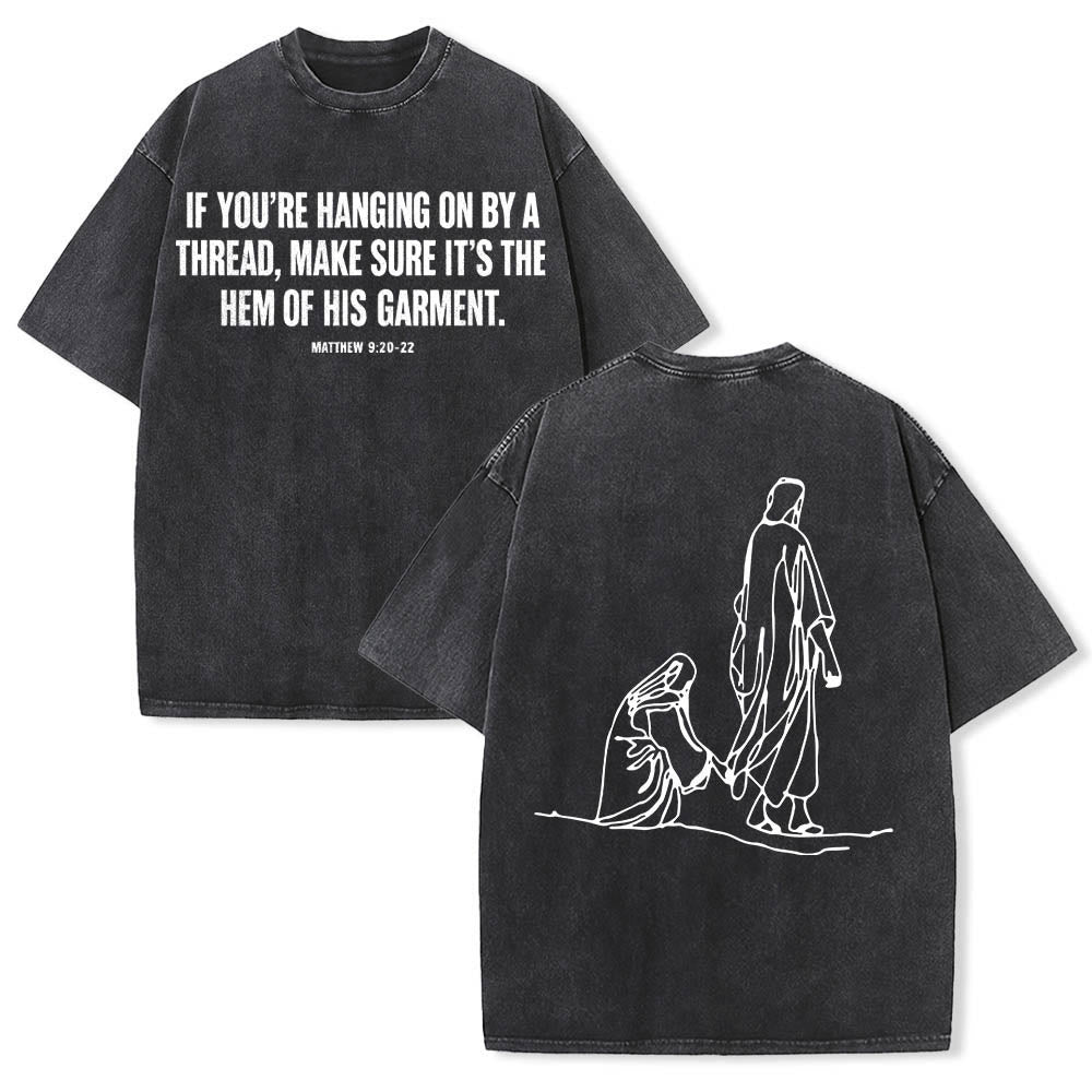 Christianartworkshop Matteo 9:20-22 Citazione sulla fede Donna sanguinante tocca Cristo veste Line Art Stampa posteriore T-shirt lavata - Nero - 5XL - image 9