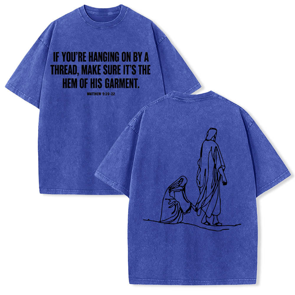 Christianartworkshop Matteo 9:20-22 Citazione sulla fede Donna sanguinante tocca Cristo veste Line Art Stampa posteriore T-shirt lavata - Blu - 5XL - image 12