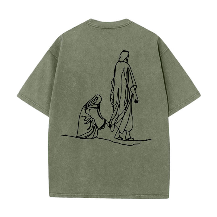 Christianartworkshop Matteo 9:20-22 Citazione sulla fede Donna sanguinante tocca Cristo veste Line Art Stampa posteriore T-shirt lavata - image 26