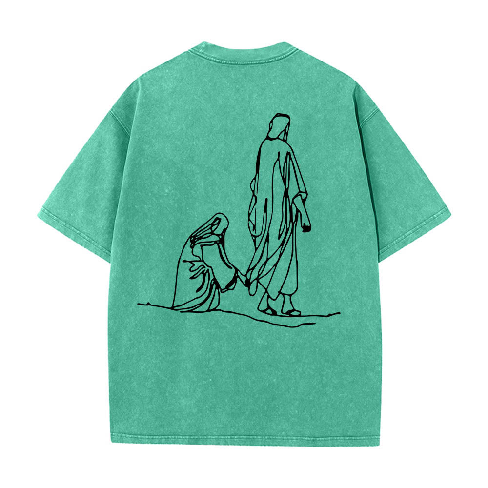 Christianartworkshop Matteo 9:20-22 Citazione sulla fede Donna sanguinante tocca Cristo veste Line Art Stampa posteriore T-shirt lavata - image 17