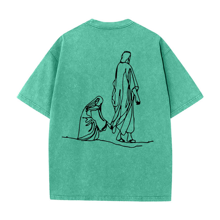 Christianartworkshop Matteo 9:20-22 Citazione sulla fede Donna sanguinante tocca Cristo veste Line Art Stampa posteriore T-shirt lavata - image 17