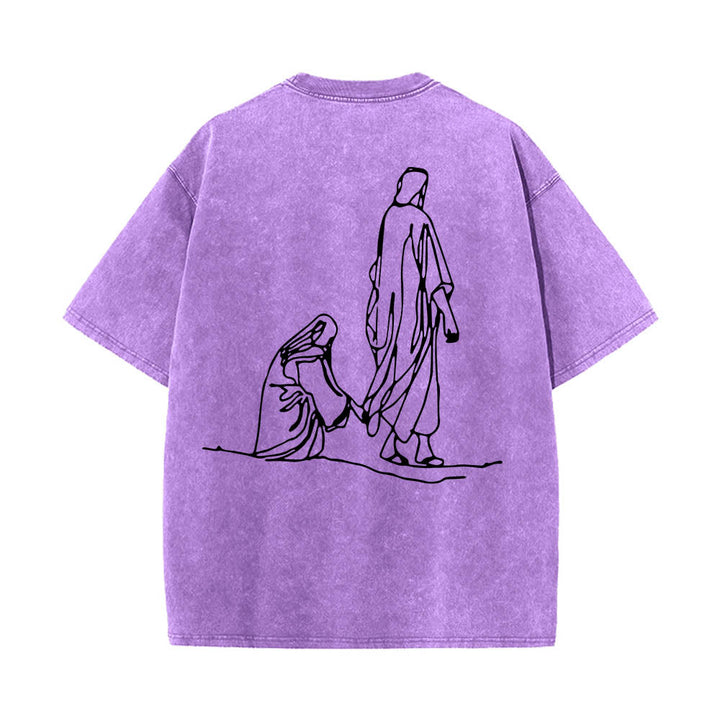 Christianartworkshop Matteo 9:20-22 Citazione sulla fede Donna sanguinante tocca Cristo veste Line Art Stampa posteriore T-shirt lavata - image 20