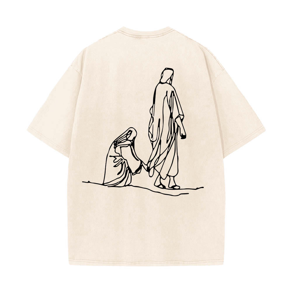 Christianartworkshop Matteo 9:20-22 Citazione sulla fede Donna sanguinante tocca Cristo veste Line Art Stampa posteriore T-shirt lavata - image 5